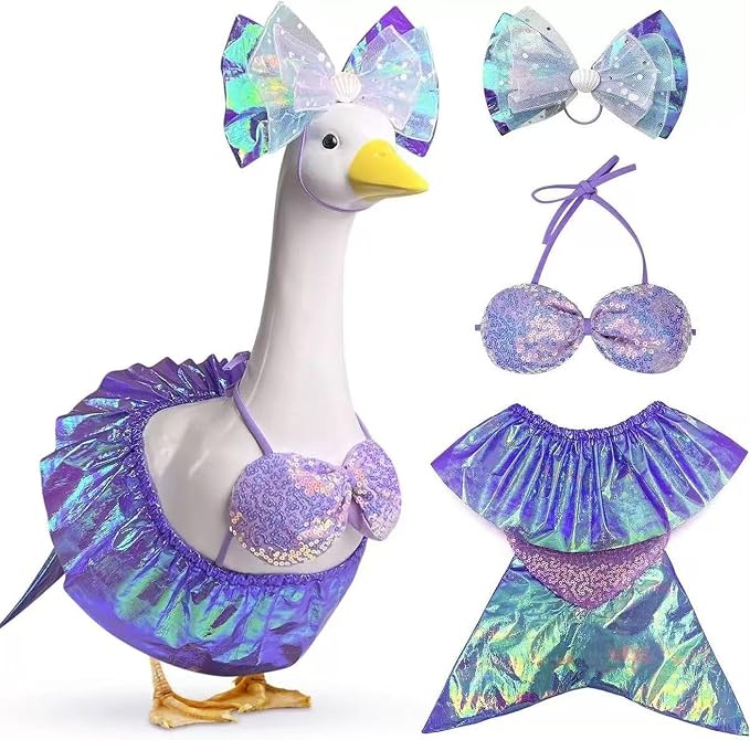 Lawn Goose Outfit Bikini Costume Set, Summer Porch Goose Outfit With Headband Sequin Top Ruffle Skirt Clothes, Fits Standard 23 Inch Porch Goose Statue, Outdoor Garden Yard Decor (Iridescent Purple)