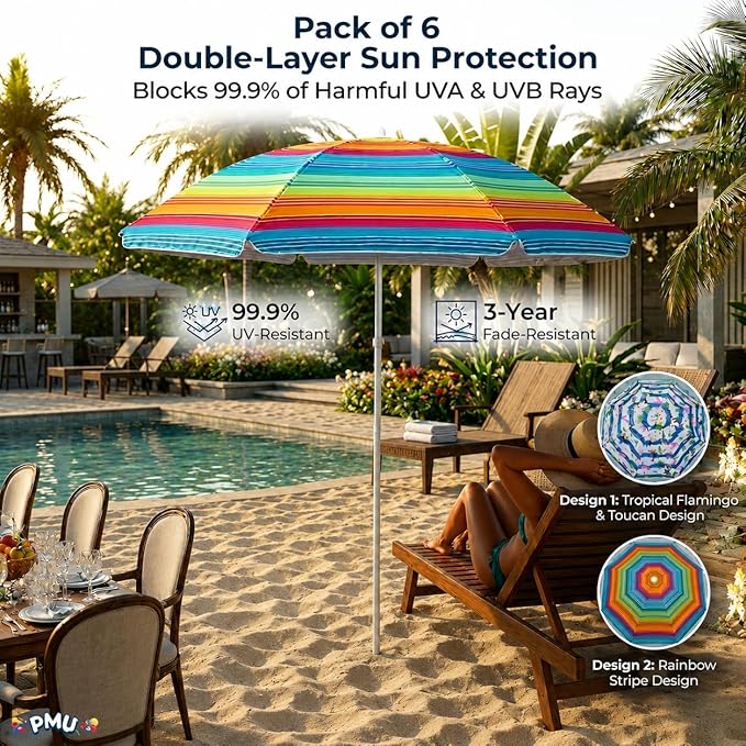 PMU 6 Pcs Set Beach Umbrella 72in Open – Tropical Flamingo Print & Rainbow Stripe, 160G Polyester Large Outdoor Patio Pool Parasol Umbrella for Garden, Deck, Backyard & Pool