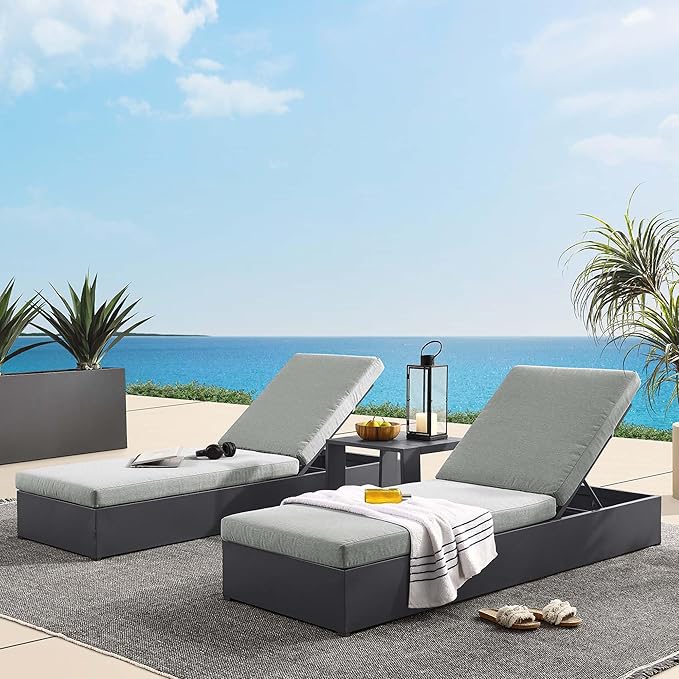 Modway Tahoe Aluminum Outdoor Patio Set of 2 Chaise Side Gray, 3-Piece Set of Pool Lounge Chairs and Accent Table for Backyard Furniture