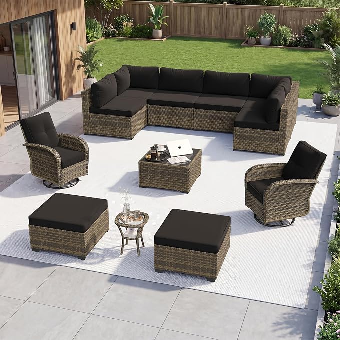Aoxun 12 Piece Outdoor Patio Furniture Set with Coffee Table, Wicker Rattan Outdoor Furniture with High Back Swivel Rocker Chairs, Outdoor Conversation Set with Thick Cushion & Ottoman, Black
