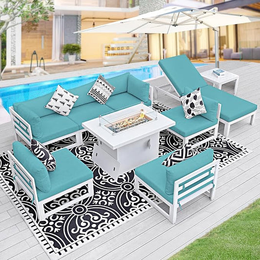 BULEXYARD 7 Seater Large Modern Aluminum Outdoor Sofa with Lay Out Chair & Fire Pit Table, 500 lbs Durable Sectional Set for Heavy People, All Weather Comfy Patio Furniture Set for Garden, Turquoise