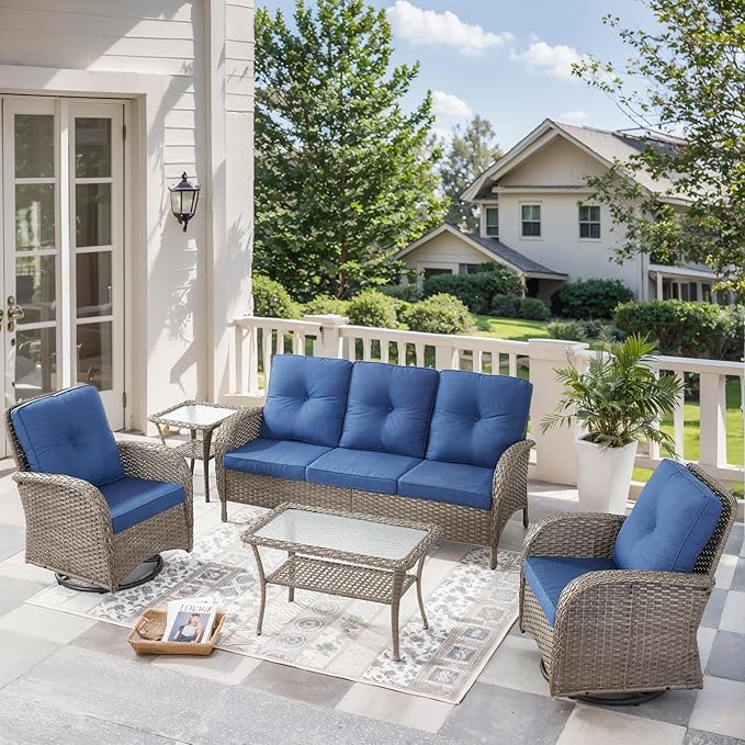 5 Pieces Wicker Patio Furniture Set-Outdoor Swivel Rocker Patio Chairs Patio Sofa Set with Tempered Glass Top Outdoor Coffee Table for Deck Lawn Porch Balcony Poolside-Grey/Blue