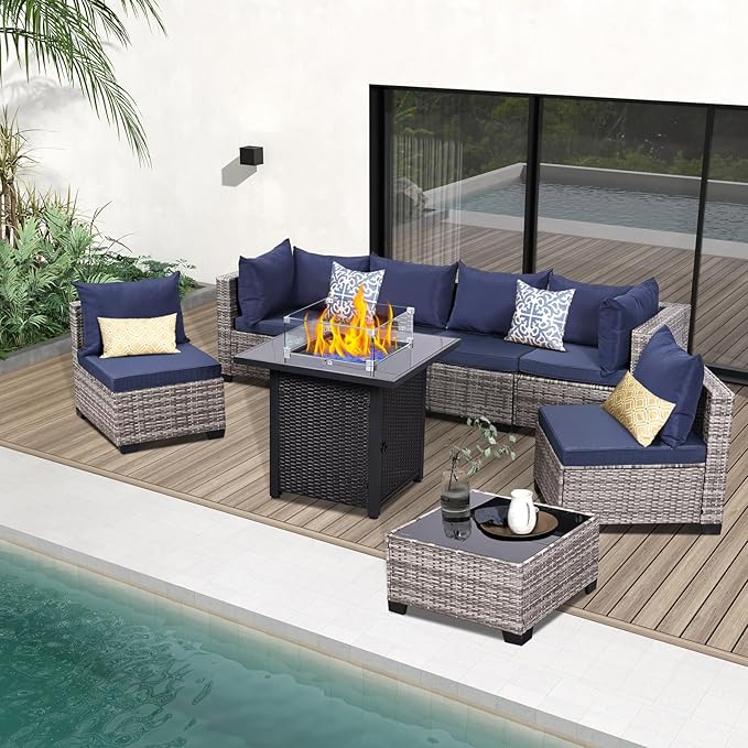 FHFO 8-Piece Patio Furniture Set with 28" Fire Pit Table, Wicker Outdoor Conversation Set Sectional Sofa with Thick Cushions & Coffee Table, for Backyard, Poolside, Garden, Grey-Blue