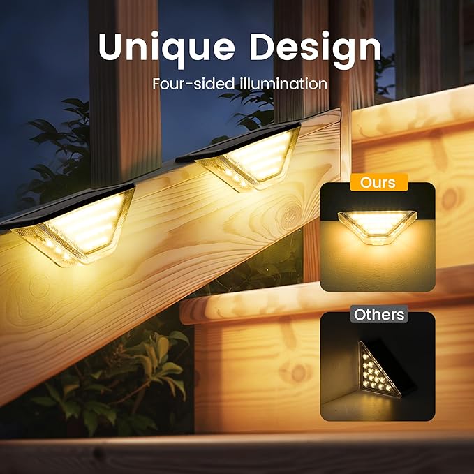 SOLPEX 16 Pack Four-Sided Illumination Solar Step Lights for Outside, Solar Stair Lights Outdoor, Solar Railing Lights Outdoor Waterproof with 33 LEDs for Steps, Stair, Deck, Porch (Warm White)