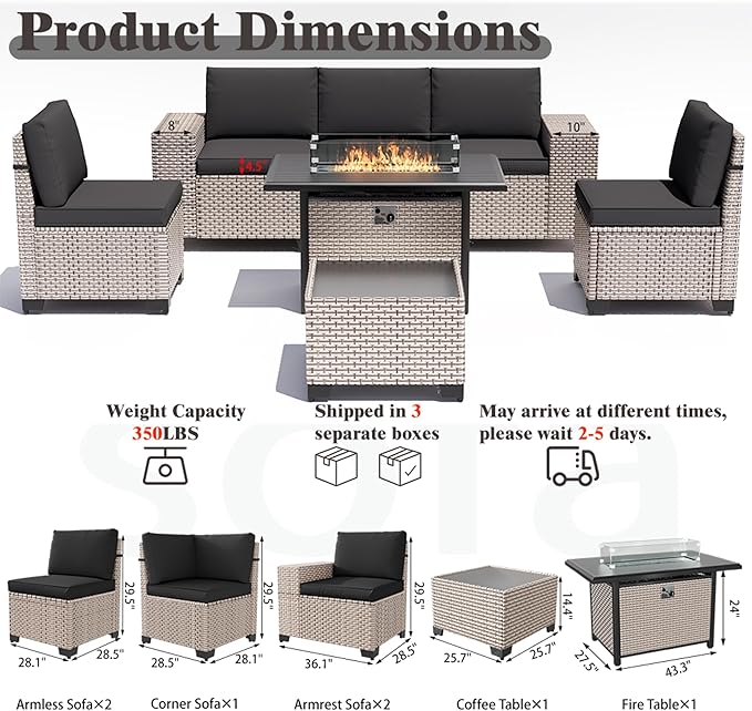 7 Pieces Patio Furniture Set with Fire Pit Table, Outdoor Sectional Wicker Sofa with Thickened Cushions and Coffee Table, High Back Rattan Patio Conversation Sets, Black