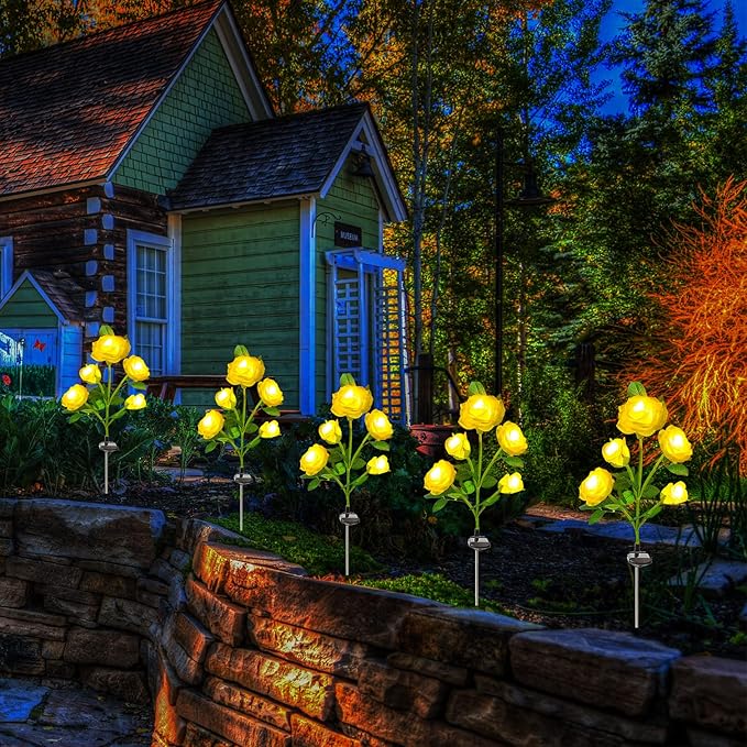 SmilingTown Solar Garden Stake Lights 2 Pack with 10 Rose Flowers Landscape Path Decorative Lights Waterproof for Outdoor Yard Grave Cemetery Pathway Courtyard Lawn (Yellow)