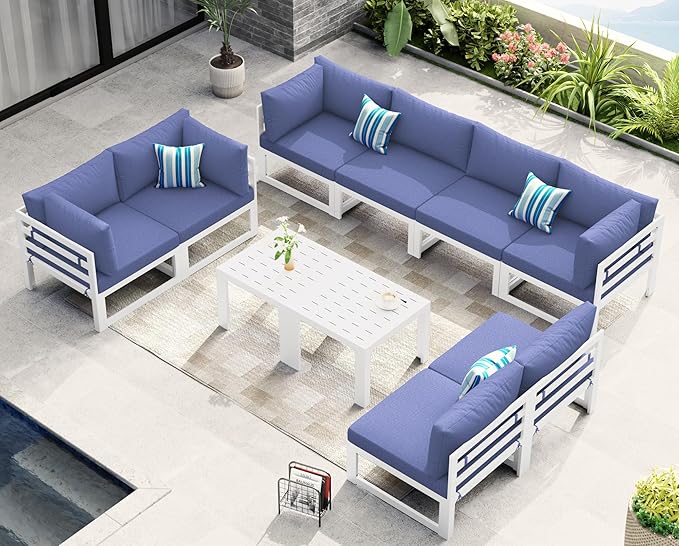 NICESOUL 8 People Extra Large Luxury Aluminum Patio Conversation Set for Backyard Garden, 29" Deep Wide Seat, U Shaped Modular Sectional Couch, 500 lbs Heavy Duty All Weather Outdoor Sofa, Denim Blue