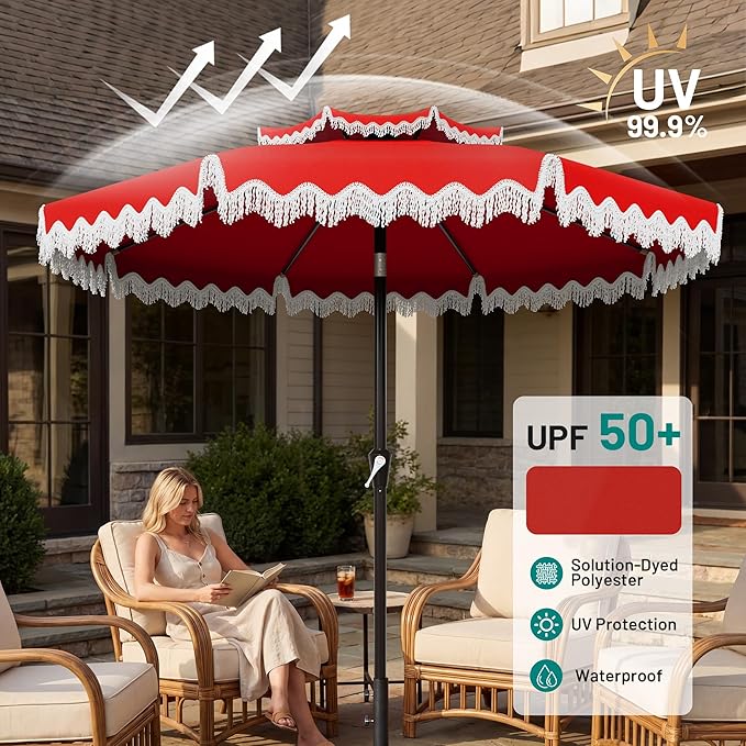 AreShark 9FT Patio Umbrella with Fringe, Wind-Resistant Fiberglass 8 Ribs Tassel Outdoor Umbrella with Crank and Push Button Tilt, Double Tier Vent Sun Shade for Pool, Deck, Backyard, Red