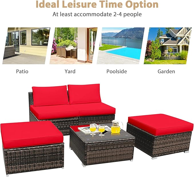 Tangkula 5 Piece Wicker Lounge Chair Set, with Tempered Glass Coffee Table, Outdoor Conversation Sets w/Washable Zippered Cushions, Includes 2 Armless Sofas, 2 Ottomans and 1 Side Table (Red)