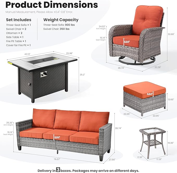 ovios 7 Pieces Patio Furniture Set, Outdoor Wicker Sofa Couch with Rocking Swivel Chairs Fire Pit Table, Modern Deep Seat Rattan Conversation Sets for Deck Porch, Grey
