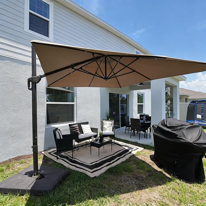 PURPLE LEAF 9' X 11.5' Rectangle Cantilever Umbrella Patio Umbrella Antique Bronze Outdoor Aluminum Offset Hanging Umbrella with 360-degree Rotation for Pool Garden Backyard Deck, Taupe