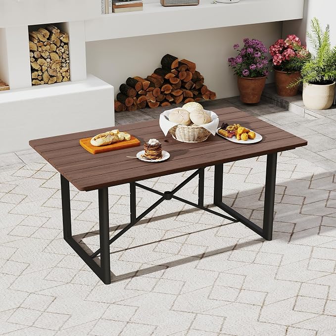 HAPPATIO Outdoor Acacia Wood Dining Table, 6-Person Patio Dining Table with Powder-Coated Aluminum Frame, Rectangle Outdoor Dining Table with Umbrella Hole for Deck Yard Garden