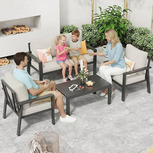 4-Piece Aluminum Patio Conversation Sets All-Weather Sectional Outdoor Furniture Set with Coffee Table & Cushions with Removable Covers for for Backyard, Garden and Poolside Easy Assembly(Beige)