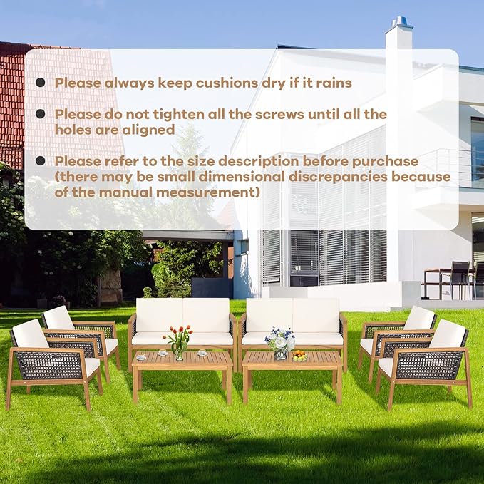4 Pieces Outdoor Acacia Wood Furniture Set, PE Wicker Conversation Set with Coffee Table and Soft Cushions, Sofa for Garden, Poolside and Backyard (1, Off White)