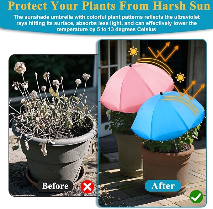 Voccos Upgraded Plant Umbrellas for Outdoor Plants 50" Tall 26" Canopy Adjustable Angle Garden Bed Shade Cover with Sturdy Metal Stake & UV Protection Plant Cover for Potted Plants Flower Pot