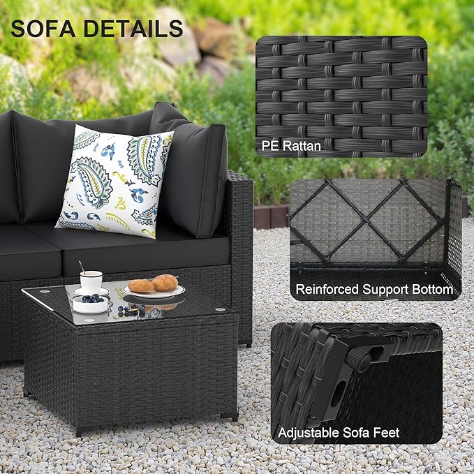 Patio Furniture Set, 5PCS Outdoor Sectional with Ottoman Wicker Rattan Patio Couch with Thickened Cushion Modular Wicker Patio Conversation Set with Glass Top Table for Balcony, Backyard (Black)