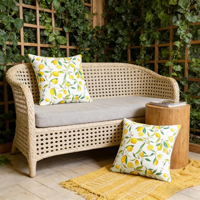 SquarePie Outdoor Pillow Covers 18x18 Inch Set of 2 - Waterproof Lemon Square Cushion Covers for Patio Garden Furniture, Summer Yellow Citrus Decorative Throw Pillow Cases for Couch Sofa Balcony Bench