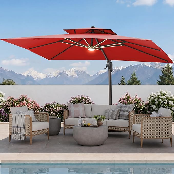 10 X 13 FT Cantilever Patio Umbrella with Led Lights Heavy Duty Windproof Double Top Large Rectangle Offset Umbrellas with 360-degree Rotation for Garden Pool Deck Backyard, Red