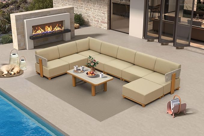 PURPLE LEAF Patio Furniture Set Modular U-Shaped Outdoor Sectional Sofa with 11" Thick Cushion 9-Piece Outdoor Conversation Set w/Ottoman & White Lights for Backyard Poolside Table Included, Beige