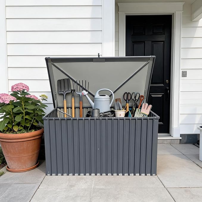 Garvee Outdoor Storage Box, 180 Gallon Waterproof Metal Storage Box, Outdoor Deck Boxes, UV Resistant Patio Storage Box with Lockable Lid for Patio Furniture Cushions, Pillows, Garden Tools, Blank