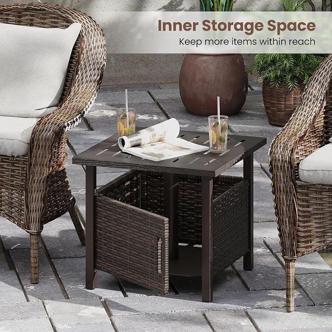 Tangkula Outdoor Table with Hole, Patio Umbrella Table with 2 Sand Bags, 1.93" Umbrella Hole, Metal Frame, PE Wicker, Outdoor Side Table for Garden, Deck and Poolside
