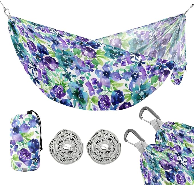 Camping Hammock Outdoor Hammocks for Outside Floral Purple Blue Watercolor Beach Trees Portable Lightweight with Pockets Tree Straps Indoor