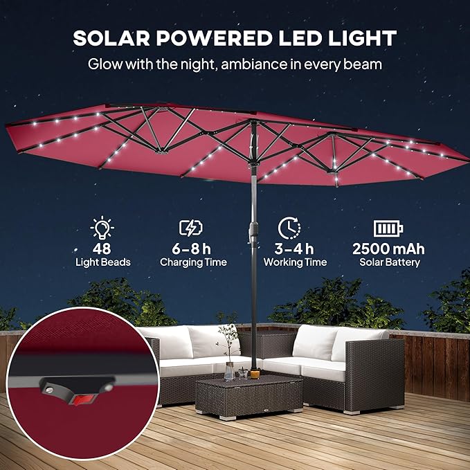 Outsunny 14.8ft Double Umbrella, Large Outdoor Patio Sun Shade with LED Solar Light for Garden