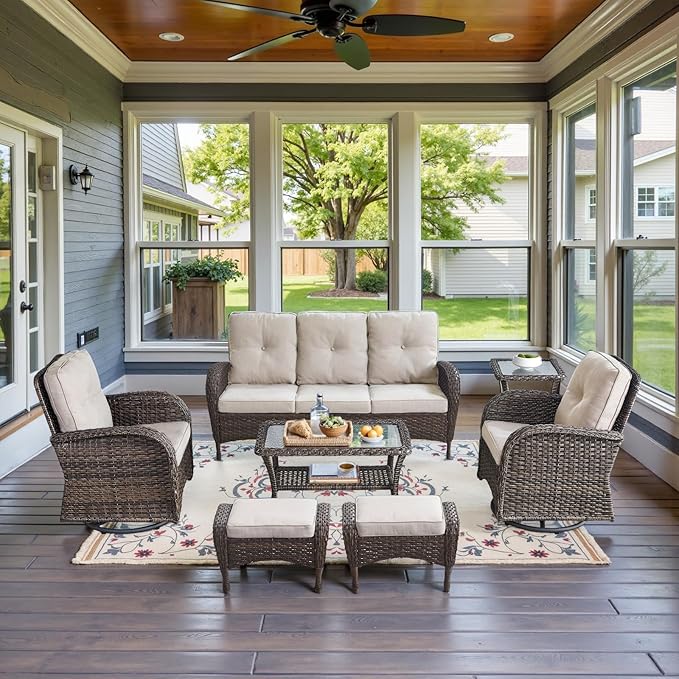 Belord Wicker Outdoor Furniture Set - 7 Piece Patio Conversation Sets with Comfort Swivel Rocker Glider Patio Chairs Set of 2 and Rattan Sofa, Tempered Glass Coffee Table and Side Table,Brown/Beige