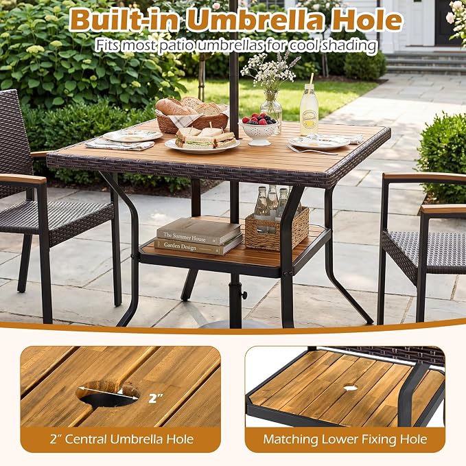 Tangkula 37" Square Wood Patio Dining Table for 4, Metal Frame Outdoor Wicker Table with Acacia Wood Tabletop, 2" Umbrella Hole, Bottom Shelf, Outside Table for Backyard, Garden, Deck, Poolside