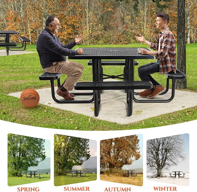 46IN Square Outdoor Picnic Table with Attached Seats, Heavy-Duty Metal Expanded Mesh Patio Table, 1600LBS Load Capacity Commercial-Grade Table for Park, Backyard, Deck, Black