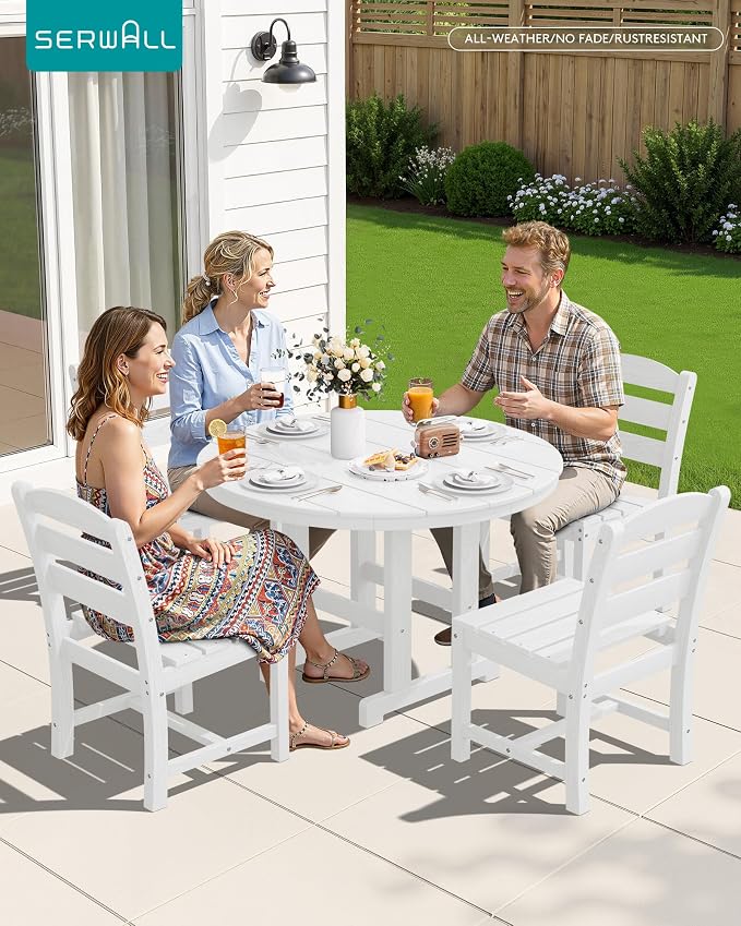 SERWALL 5-Piece Patio Dining Sets, HDPE Outdoor Table and Chairs Furniture Set, 45" Round Dining Table and 4 Armless Dining Chairs, White