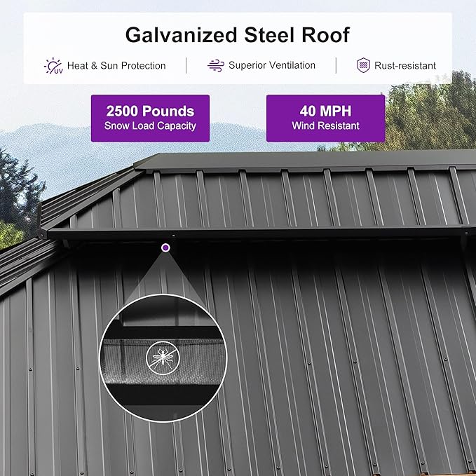 PURPLE LEAF 12' X 20' Outdoor Hardtop Gazebo for Patio Galvanized Steel Double Roof Permanent Canopy Teak Finish Coated Aluminum Frame Pavilion Gazebo with Netting