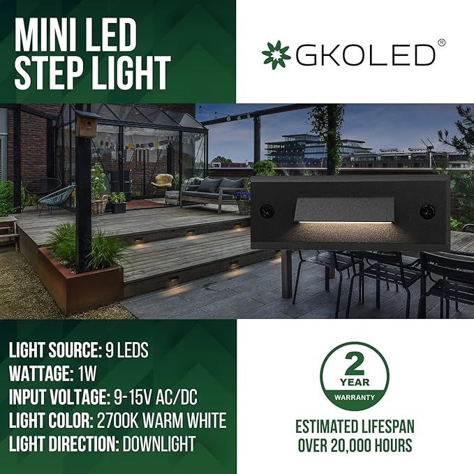 GKOLED Low Voltage Mini Size LED Landscape Step Lights, 9-15V AC/DC Cutoff Stair Riser Light, Outdoor Waterproof Accent Lighting Fixtures, 2700K IP65 Die-cast Aluminum, Powder Coated Finish 4 Pack