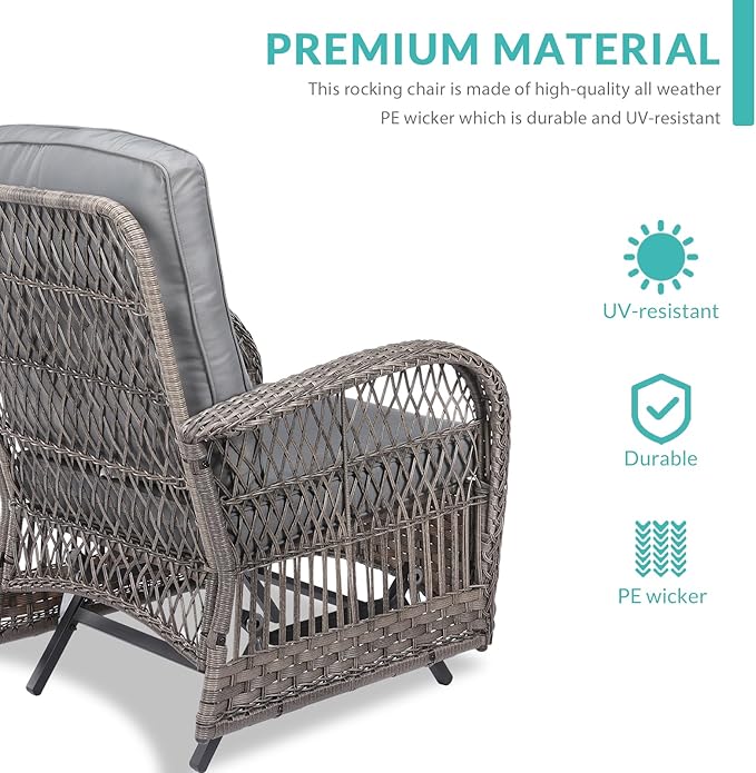 MEETWARM Patio Wicker Rocking Glider Set, All-Weather Outdoor Rattan Patio Rocking Chairs of 2, Patio Conversation Set with Thickened Cushions for Porch Garden & Backyard, Gray