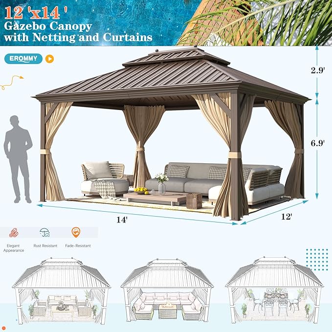 EROMMY 12' X 14' gazebos on Clearance, Hardtop Gazebo Aluminum Gazebos with Galvanized Steel Double Roof for Patio Lawn and Garden, Curtains and Netting Included, Dark Bronze