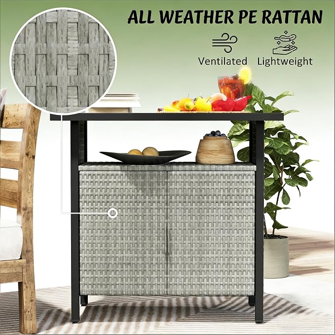 PE Rattan Outdoor Storage Box and Poolside Towel Cabinet, Weather-Resistant Wicker Deck Box with Wood Grain Steel Top and Open Shelf for Patio Organization, 35.4 x 19.7 x 35.4 Inches, Gray