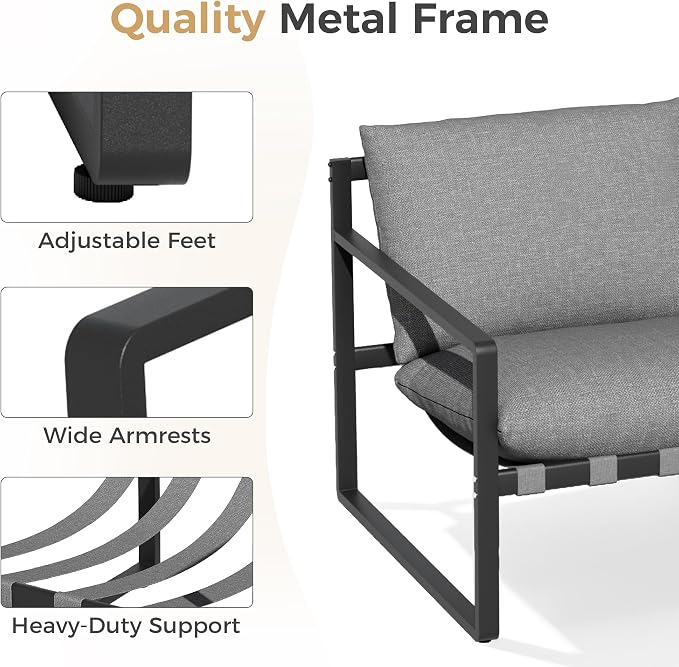 Grand patio 4 Piece Outdoor Furniture Set, Patio Sofa with Cushion, Metal Couch with Coffee Table, 4-Seat Conversation Set for Porch Deck Balcony Backyard, Grey