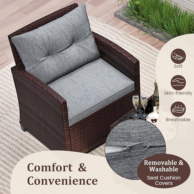 3 Pieces Wicker Patio Furniture Set, Outdoor Sofa Set with Water-Resistant Cushion & Tempered Glass Table, Outdoor Conversation Set Bistro Set for Garden, Balcony, Poolside(Gray)