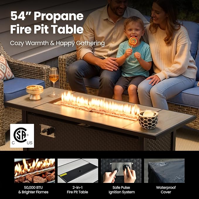 6 Piece Patio Furniture Set with Fire Pit Table, Conversation Sets with High Back Swivel Rocker Chairs, Outdoor Wicker Sofa Loveseat with Comfy Cushion for Backyard Deck Garden, Sapphire Blue