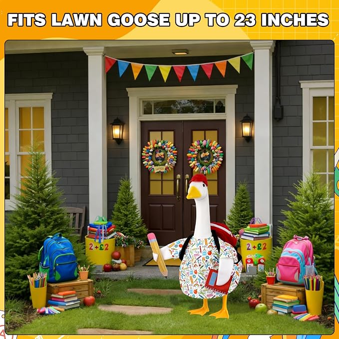 Back to School Porch Goose Outfits Goose Costume for School Outdoor Decor | Fits 23'' Plastic/Cement Statues, with School Bag, Pencil, and Notebook, for Classroom Garden Yard Patio Decoration