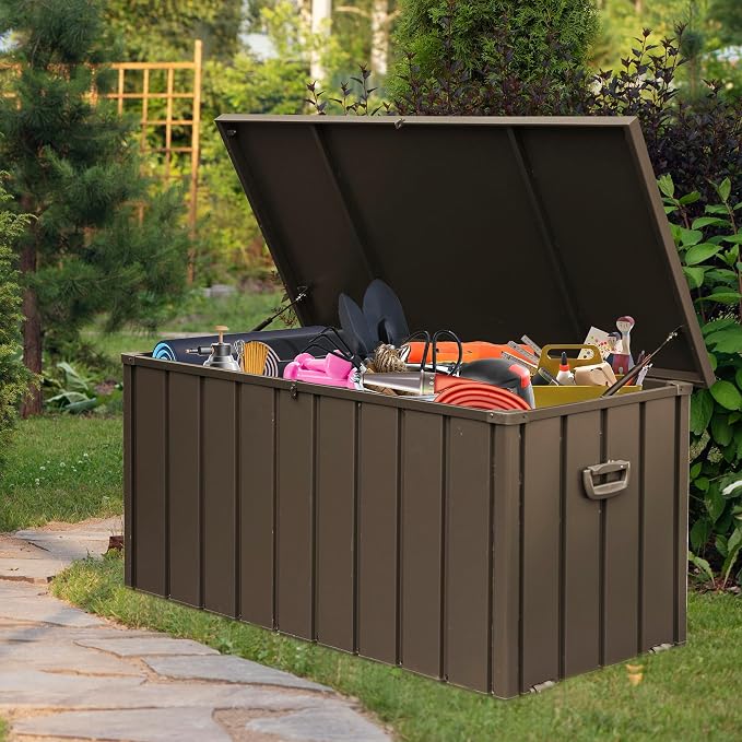 Domi 160 Gallon Deck Box Outdoor Storage Box, Large Metal Storage Cabinet Waterproof Lockable Container for Patio Furniture Cushions Garden Tools Pool-Supplies, Brown