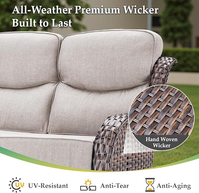 Luxury 6 Pieces Outdoor Patio Furniture Set-All Weather Wicker Outdoor Furniture with Swivel Rocker Patio Chairs 6-inch Extra Thick Cushions Wicker Conversation Set for Garden Porch(Brown/Beige)