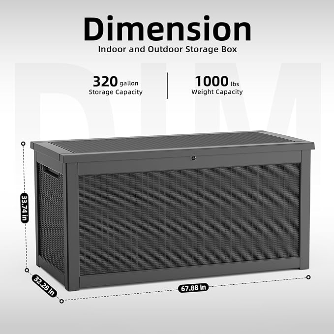 DRATO 320 Gallon Deck Boxes Outdoor Waterproof, Resin Large Lockable Storage Box with Lid, Outdoor Storage Bench Patio Cushions Furniture, Garden Tools, Pool Accessories(Black, 320 Gallon)
