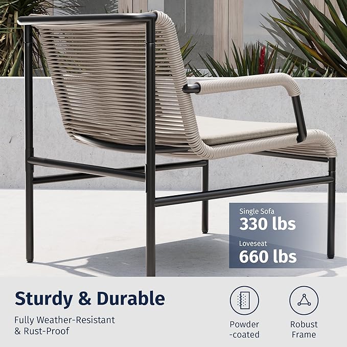 East Oak 4 Piece Patio Furniture Set, Outdoor Furniture with PE Wicker Rattan Chairs and Coffee Table, Modern Patio Conversation Set with Soft Pad for Garden, Backyard and Porch, Apricot