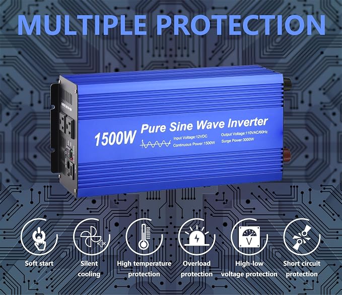 Pure Sine Wave Power Inverter DC12V to AC 110V with Dual sockets and USB, LCD Remote kit. (1500W)