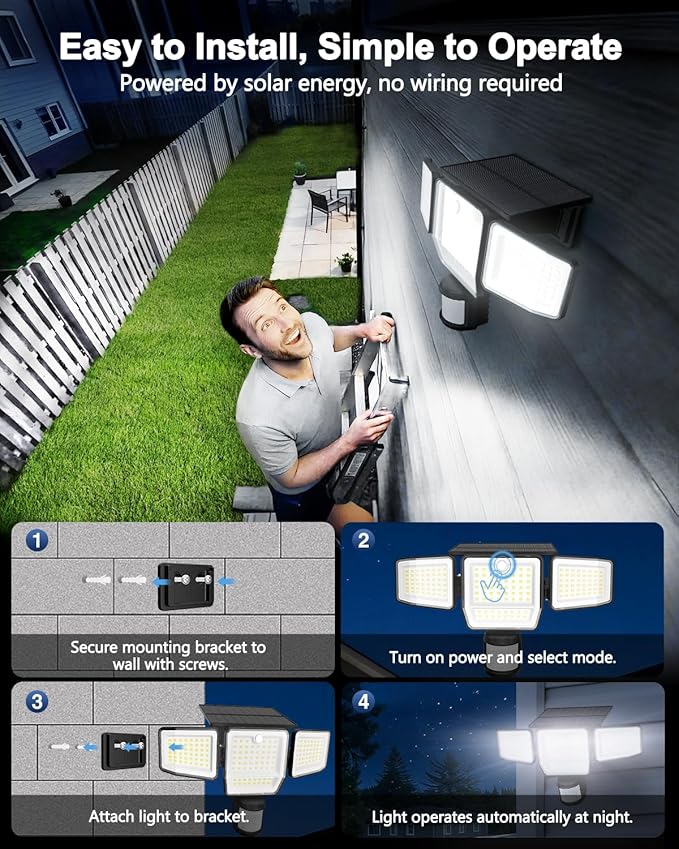 6000LM Solar Lights Outdoor, 4 Heads Motion Sensor Outdoor Lights, Solar Flood Lights for Yard House Outside Garage, IP65 Waterproof, 3 Modes, Easy Install, 2 Pack