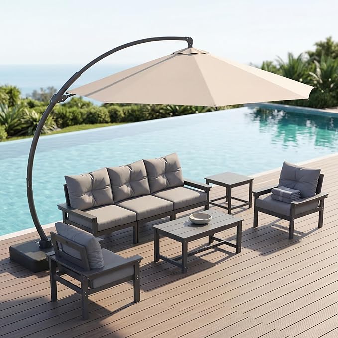 12 FT Cantilever Umbrella with Base Included, Large Round 360° Rotation Offset Umbrella Outdoor Patio, Heavy Duty Aluminum Frame, Sand-Weighted Stand, for Deck, Backyard, Pool, Garden (Beige)