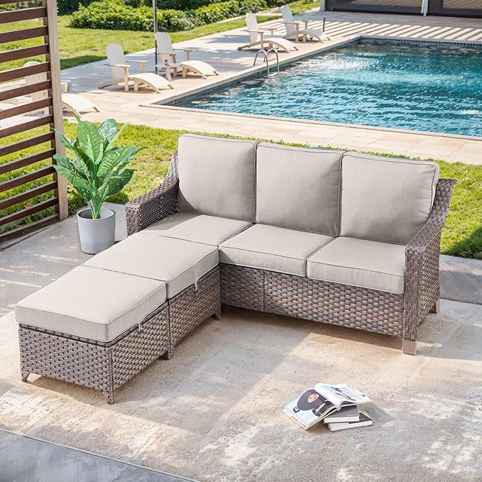 3 Pieces Patio Conversation Sets-All-Weather Wicker Sectional Couch with Ottomans for Deck Balcony Poolside Backyard-Brown/Beige