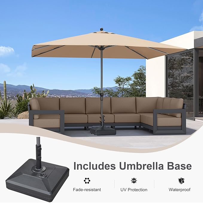 PURPLE LEAF 11.5' x 8' Rectangle Patio Market Umbrella with Base Outdoor Table Umbrellas Aluminum Frame Sun Shade with 8 Sturdy Ribs for Garden Deck Lawn Pool Taupe