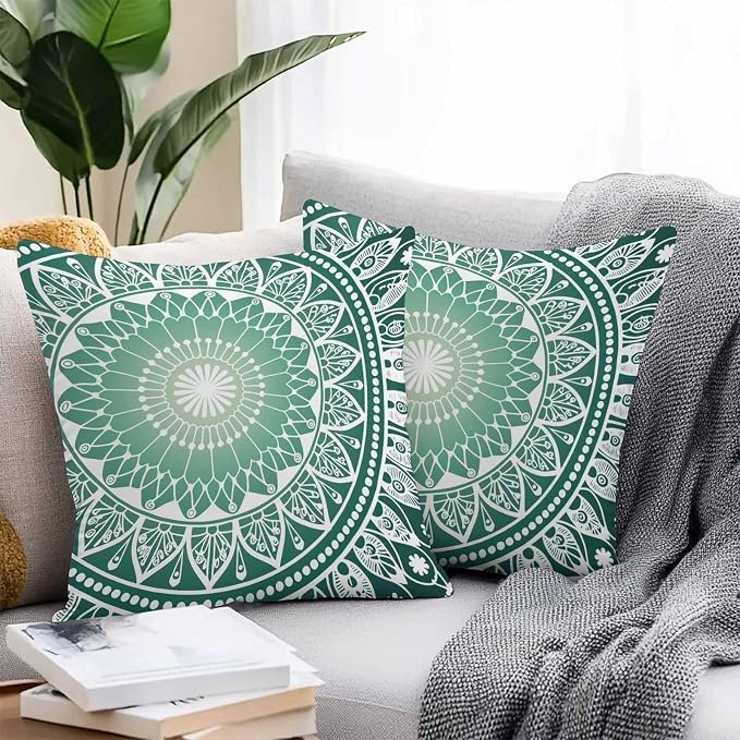 Vandarllin Outdoor Throw Pillows Covers 18x18 inch Set of 2 Waterproof Green Boho Floral Decorative Zippered Cushion Covers for Patio Furniture, Bohemian Sacred Space Art Lumbar Pillowcases